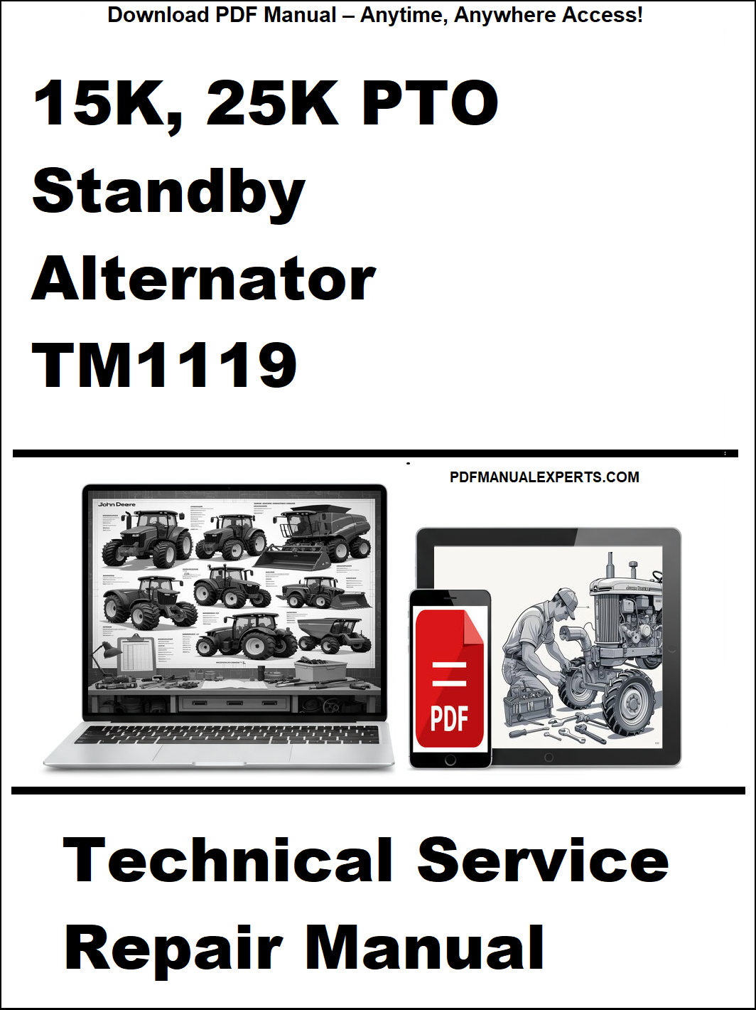 Technical service repair manual for 15K, 25K PTO standby alternator TM1119 on a white background.