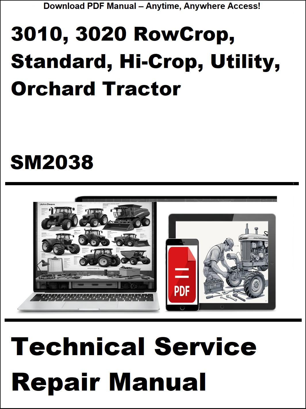 Technical service repair manual cover for John Deere tractors with laptop and tractor illustrations.