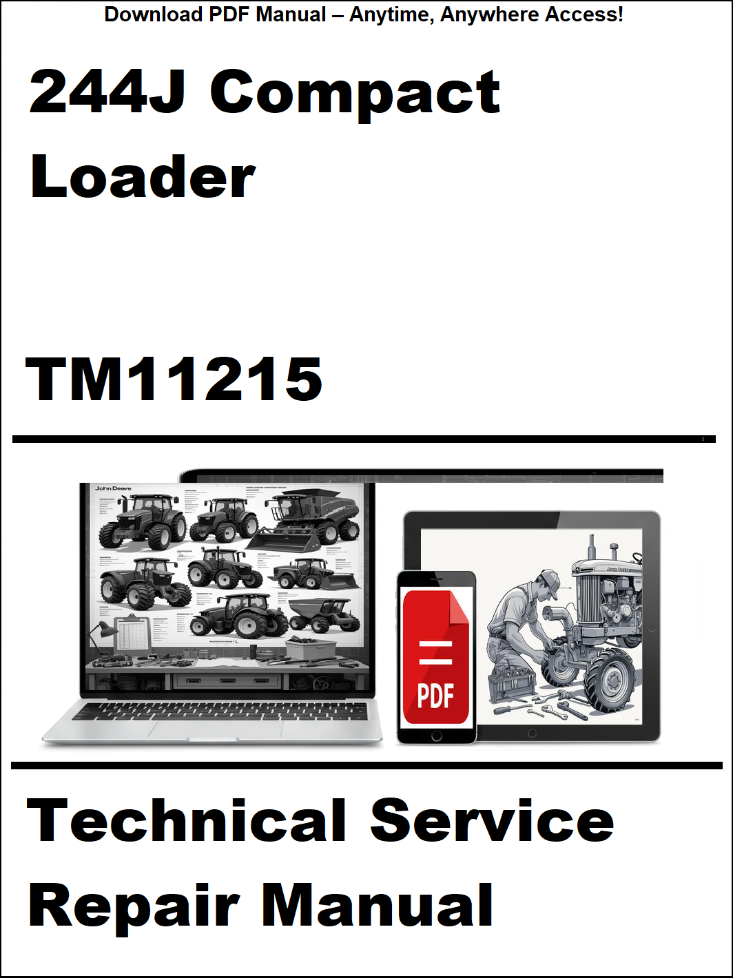 Cover of a technical service repair manual for a 244J Compact Loader with a laptop and repair icon on a white background.