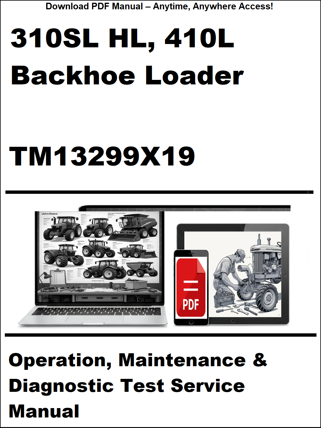Manual cover for 310SL HL, 410L Backhoe Loader with technical illustrations and text.