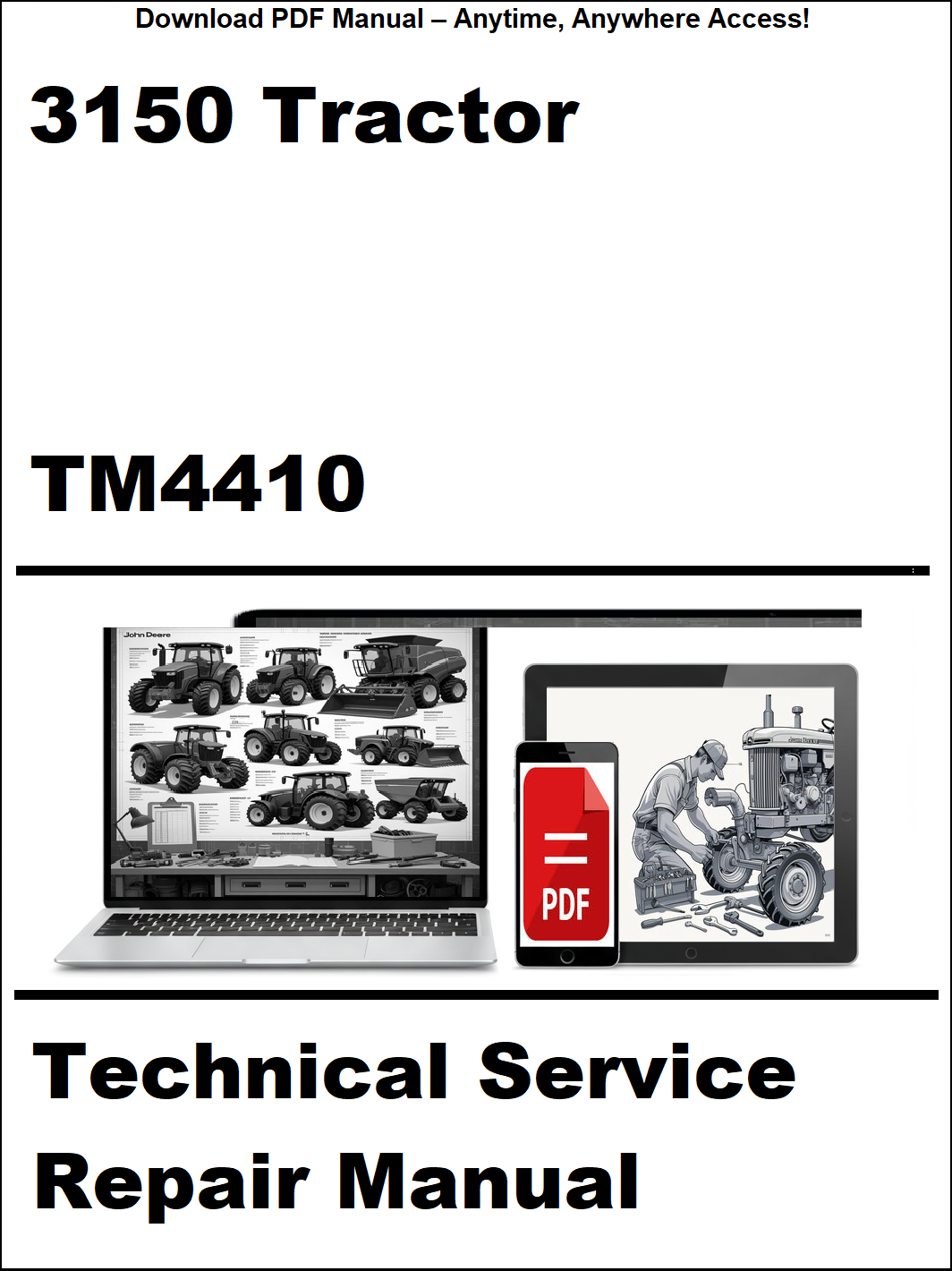 Technical service repair manual for a 3150 tractor with a laptop and tablet icon on a white background.