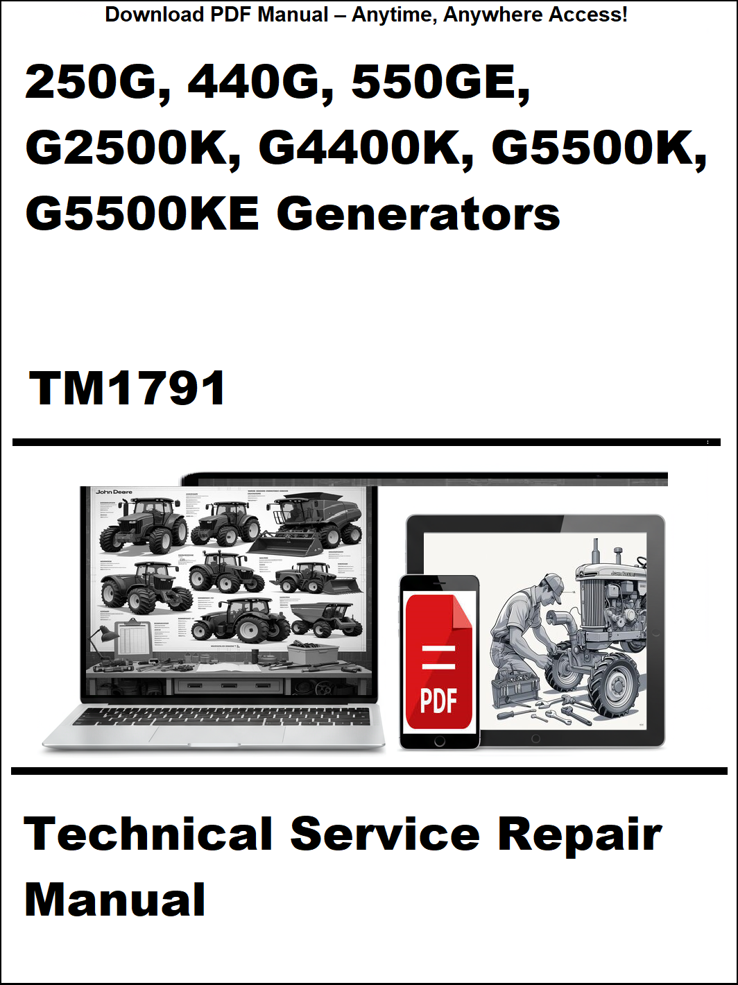 Technical service repair manual for generators with laptop and toolbox graphics on a white background