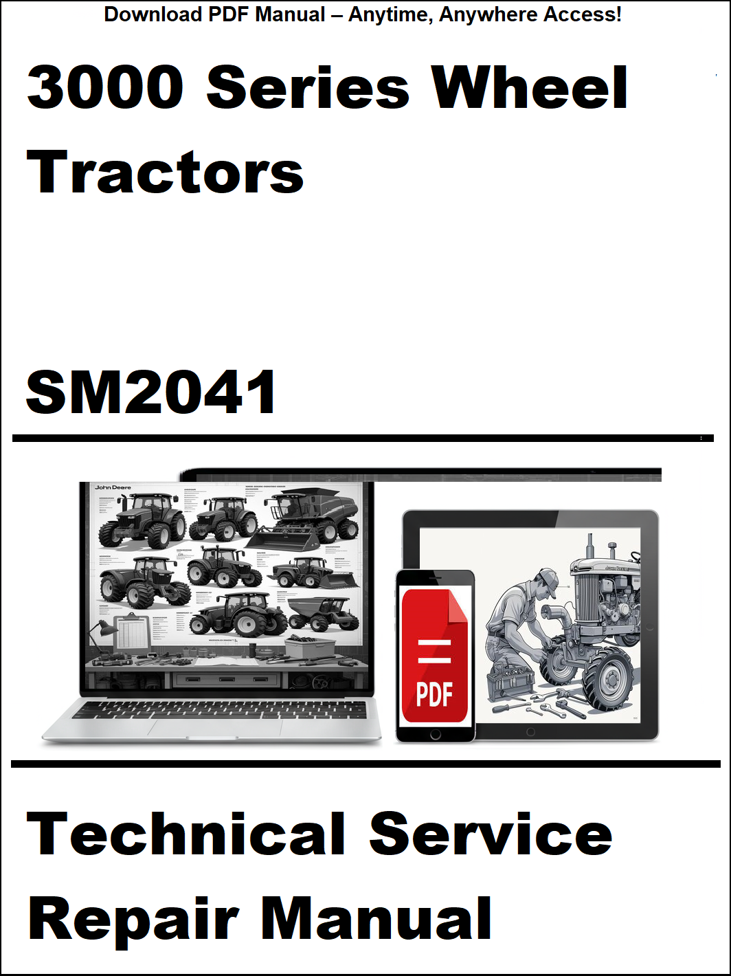 Technical service repair manual for 3000 Series Wheel Tractors with digital device and laptop illustration on a white background.
