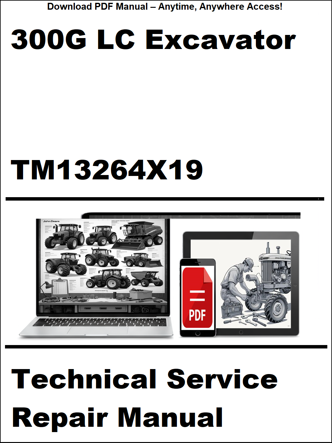 Technical service repair manual for 300G LC excavator with digital device and laptop illustration on a white background.