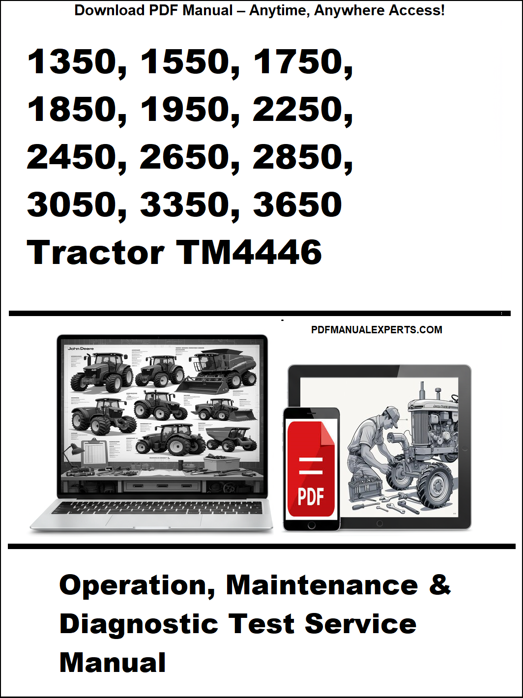 Advertisement for a tractor manual with text and images of tractors on a white background.