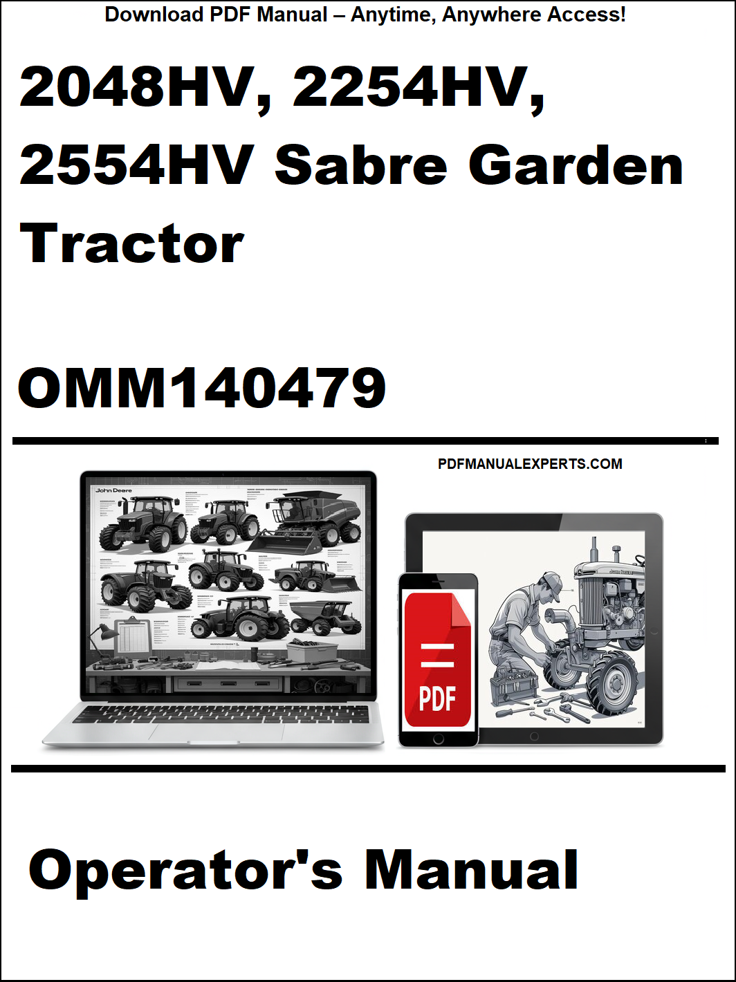 Cover of the 2048HV, 2254HV, 2554HV Sabre Garden Tractor Operator's Manual with digital device icons on a white background.