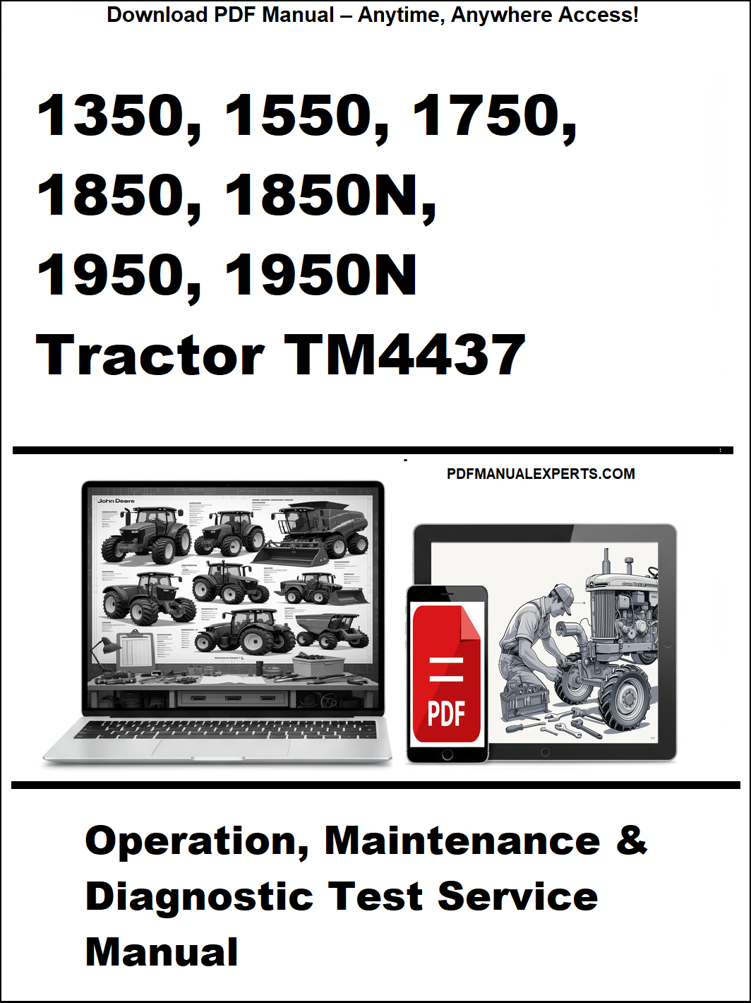 Cover of a tractor manual with laptop and toolbox graphics on a white background
