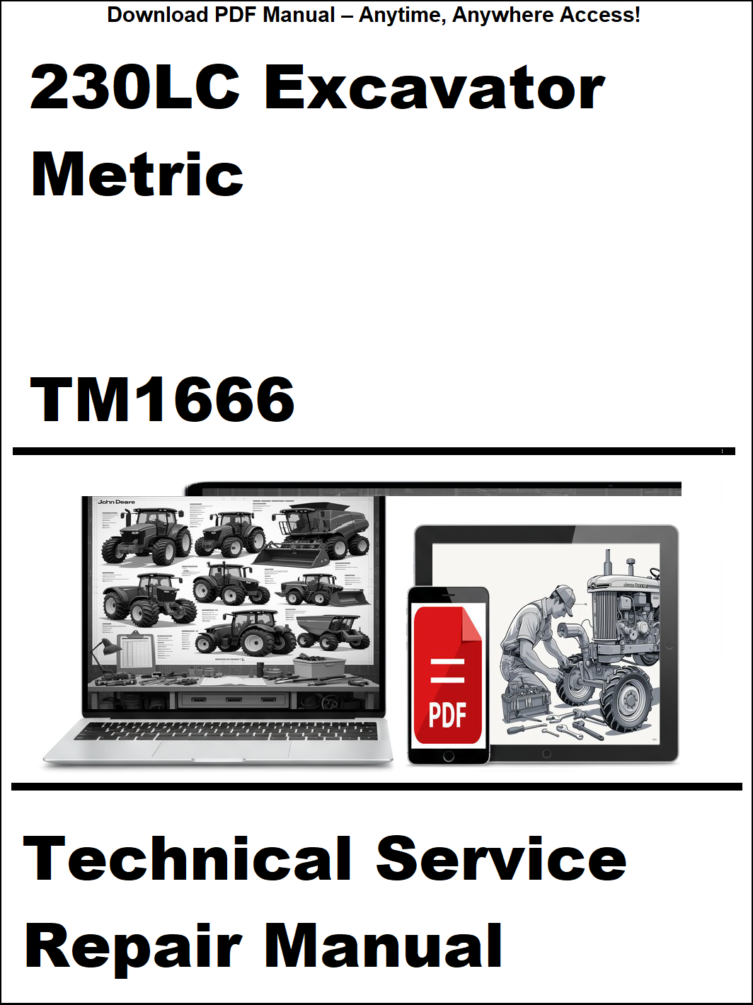 Technical service repair manual for 230LC Excavator Metric, featuring a laptop and smartphone with icons on a white background.
