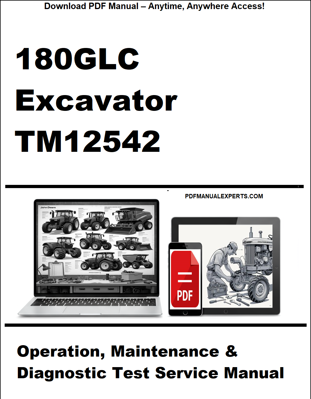 Manual cover for 180GLC Excavator TM12542 with laptop and tablet icons.