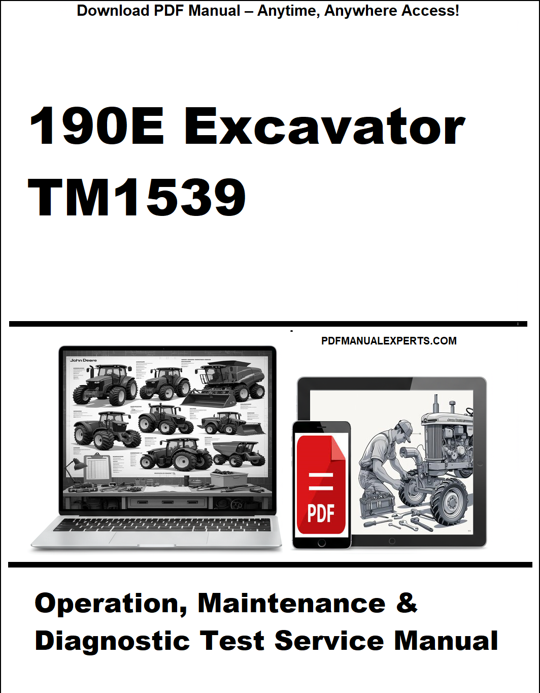 Manual cover for 190E Excavator TM1539 with laptop and diagnostic tool illustration.