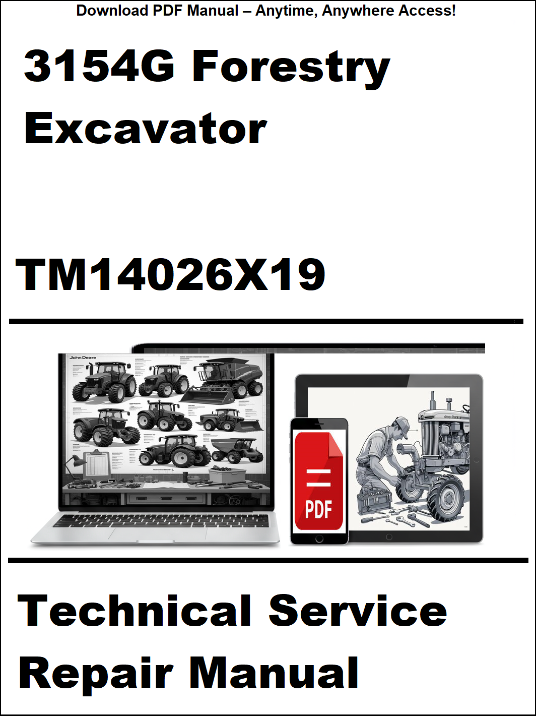 Technical service repair manual for a forestry excavator with digital device and laptop icons on a white background.