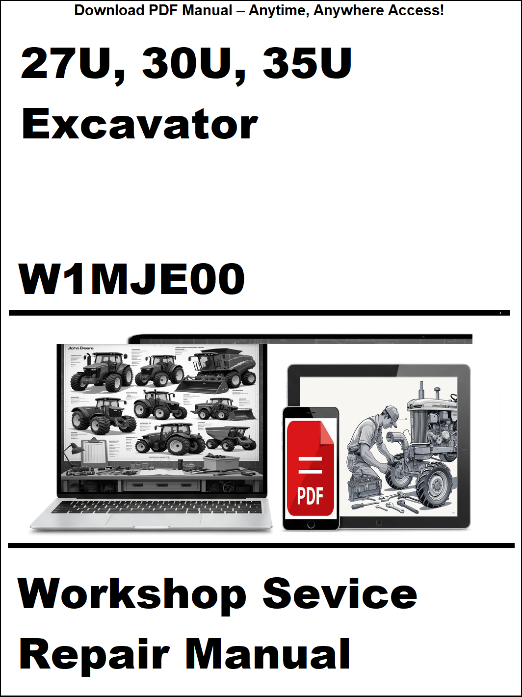 Advertisement for a workshop service repair manual for 27U, 30U, 35U excavators with a laptop and smartphone icon.
