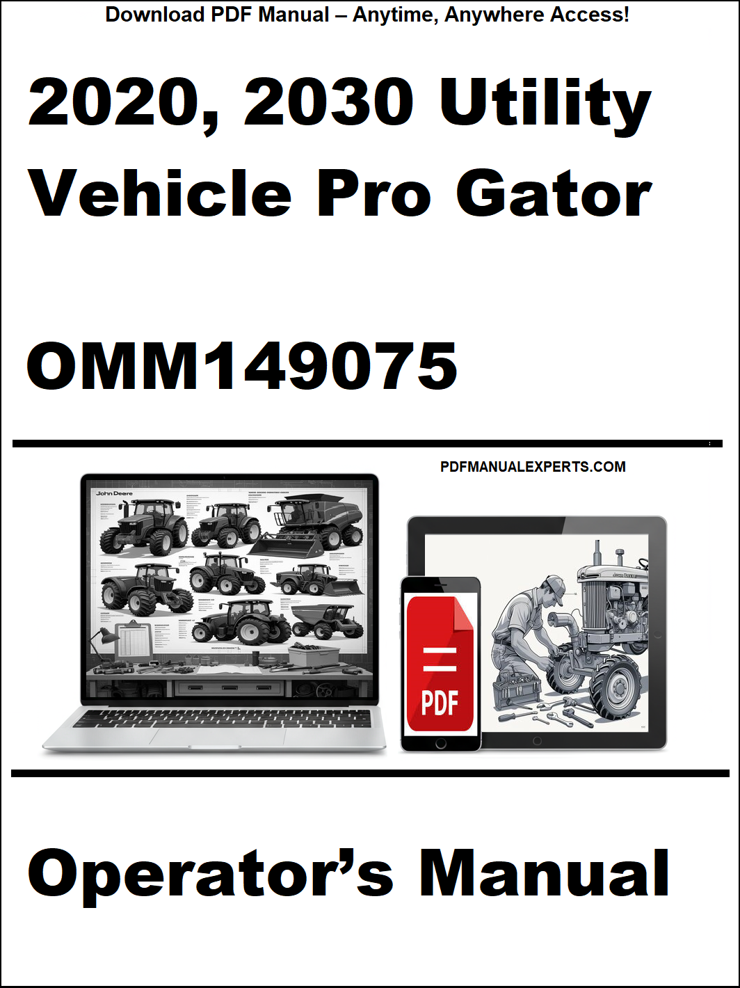 Cover of 2020, 2030 Utility Vehicle Pro Gator Operator's Manual with laptop and toolbox graphic.