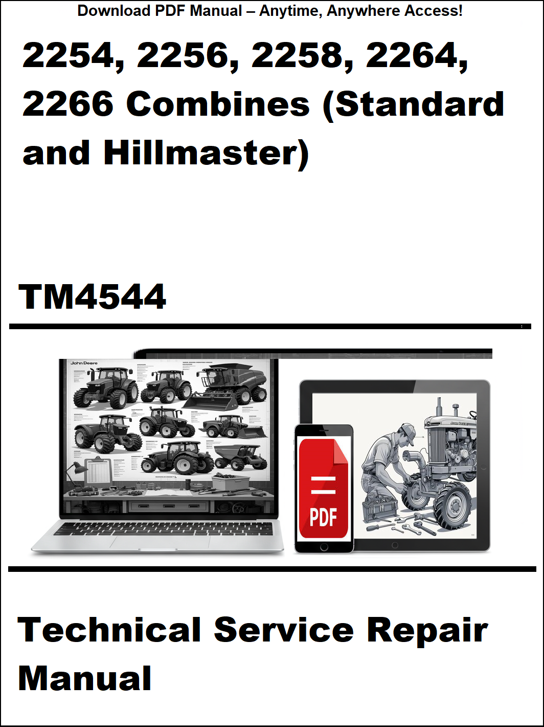 Technical Service Repair Manual for John Deere 2254, 2256, 2258, 2264, 2266 Combines on a white background