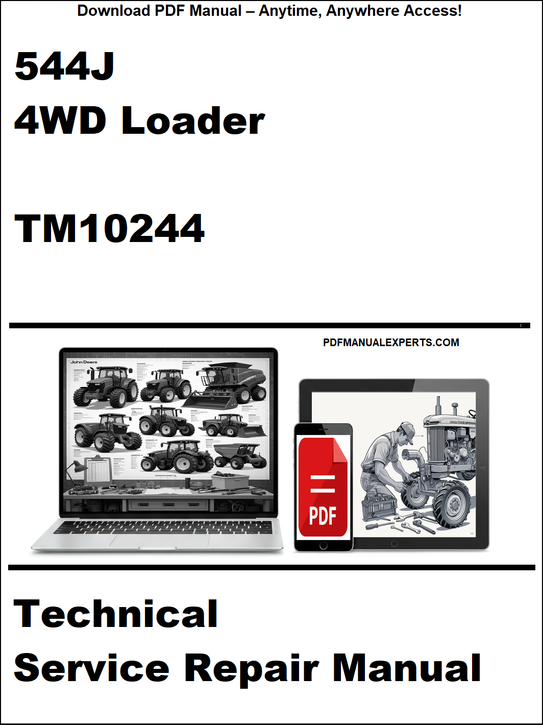Technical service repair manual for 544J 4WD Loader with laptop and toolbox graphic on a white background.