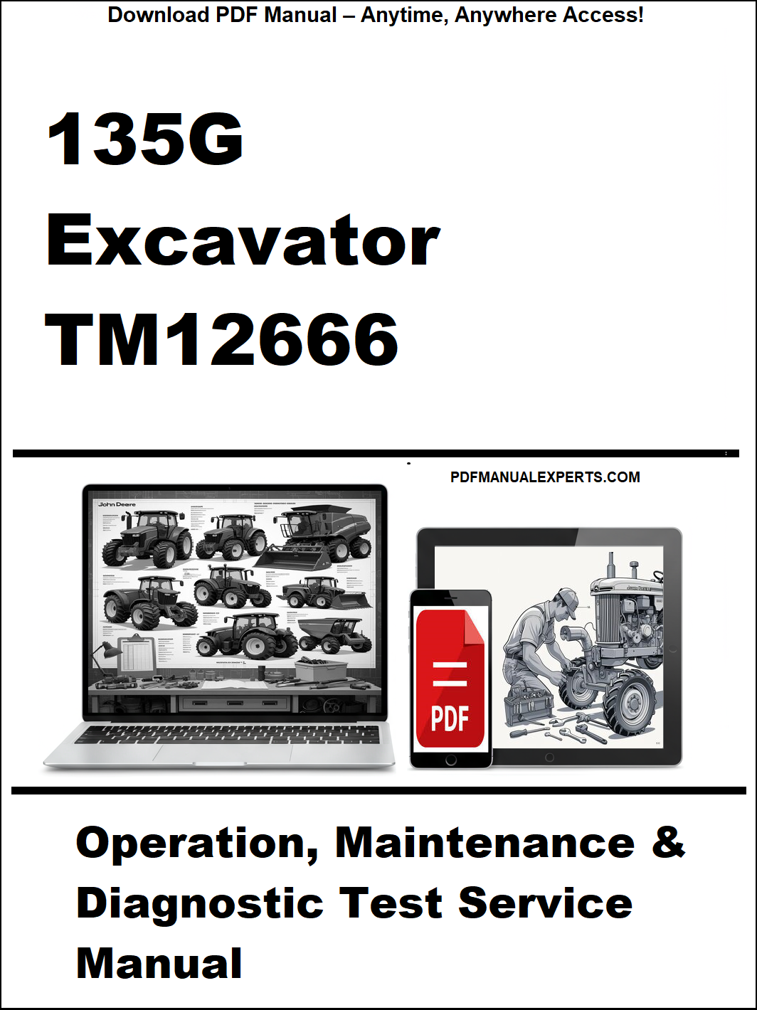 Cover of a manual for 135G Excavator TM12666 with a laptop and smartphone displaying the manual on a white background.