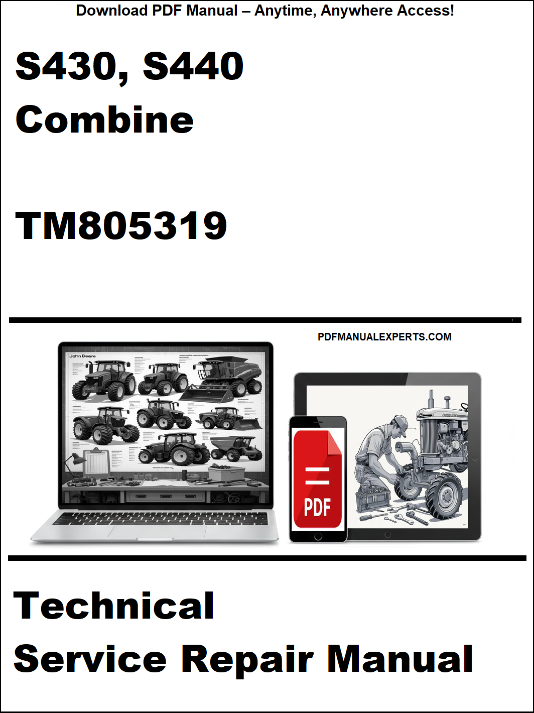 Technical service repair manual for S430, S440 combine with laptop and toolbox graphic on a white background.