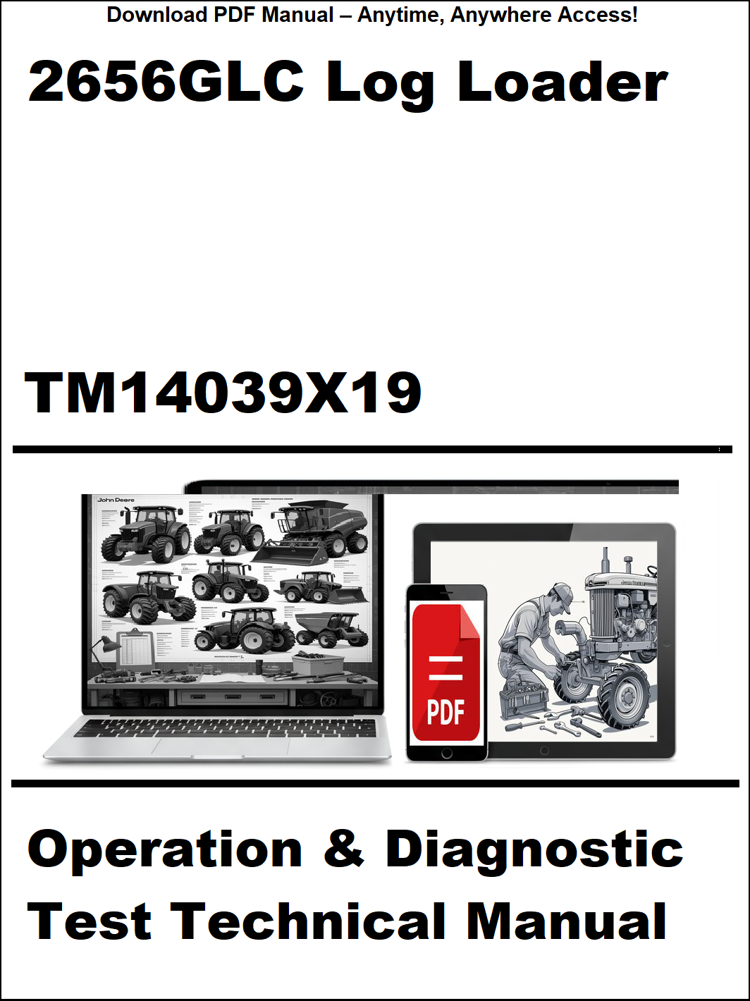 Manual cover for 2656GLC Log Loader operation and diagnostic test technical manual with laptop and toolbox graphics.