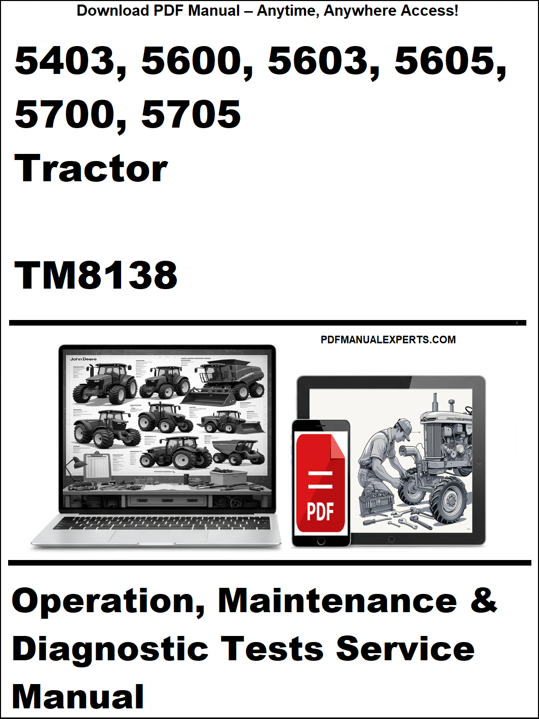Manual cover for John Deere tractors with laptop and tractor illustrations.