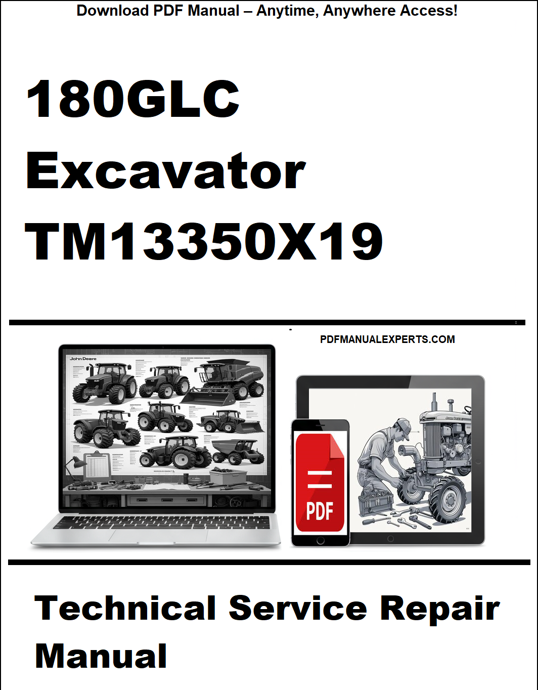 Technical service repair manual for 180GLC excavator with laptop and tablet icons on a white background