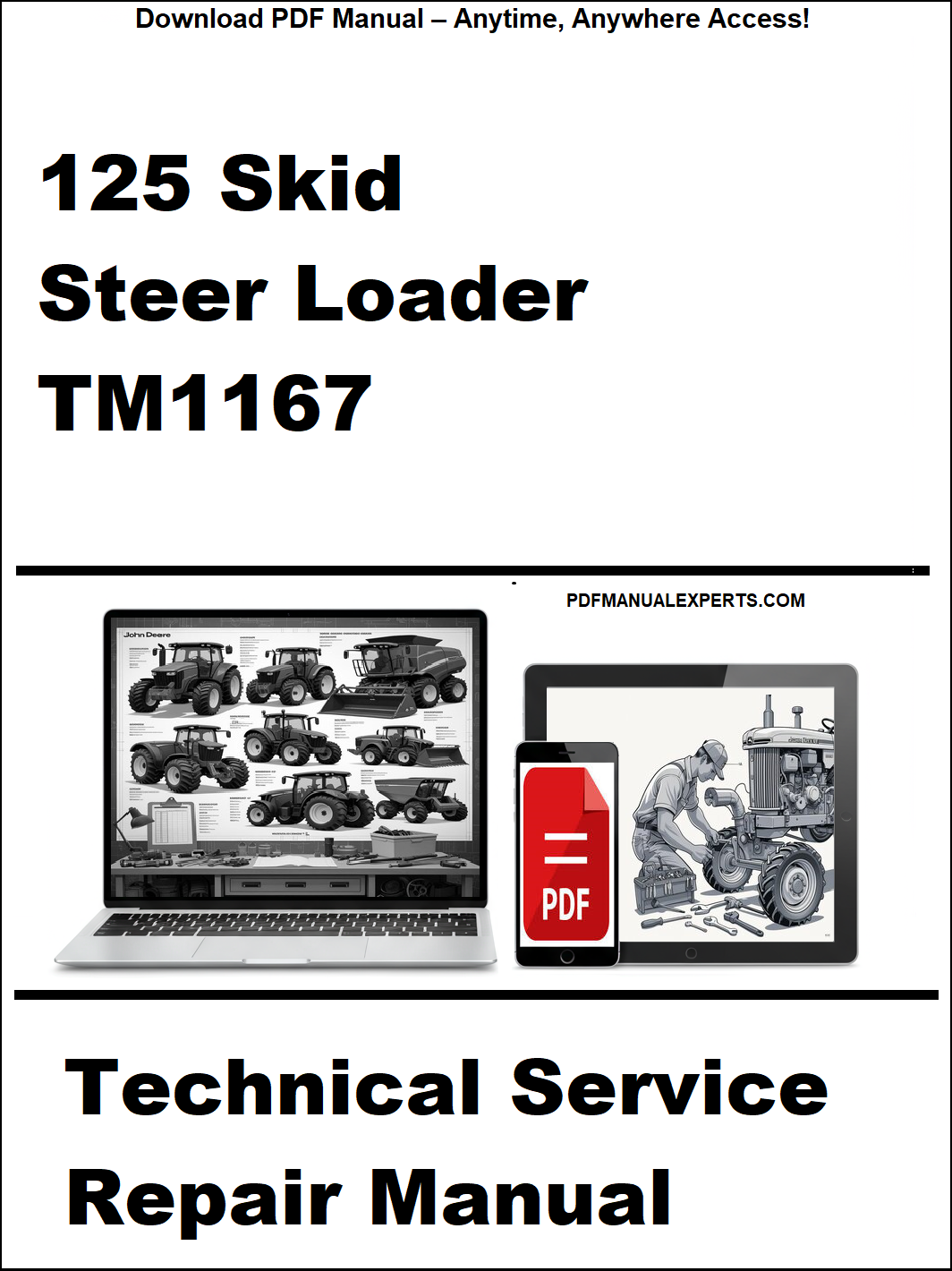 Cover of a technical service repair manual for a 125 Skid Steer Loader TM1167, featuring images of a computer and a skid steer loader.