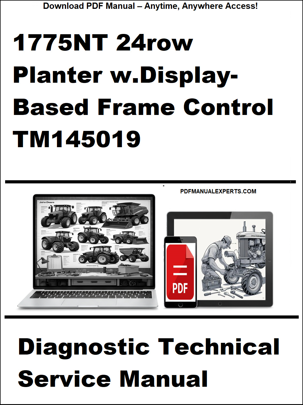 Cover of a technical service manual for a 1775NT 24-row planter with display-based frame control, featuring a laptop and smartphone icon.