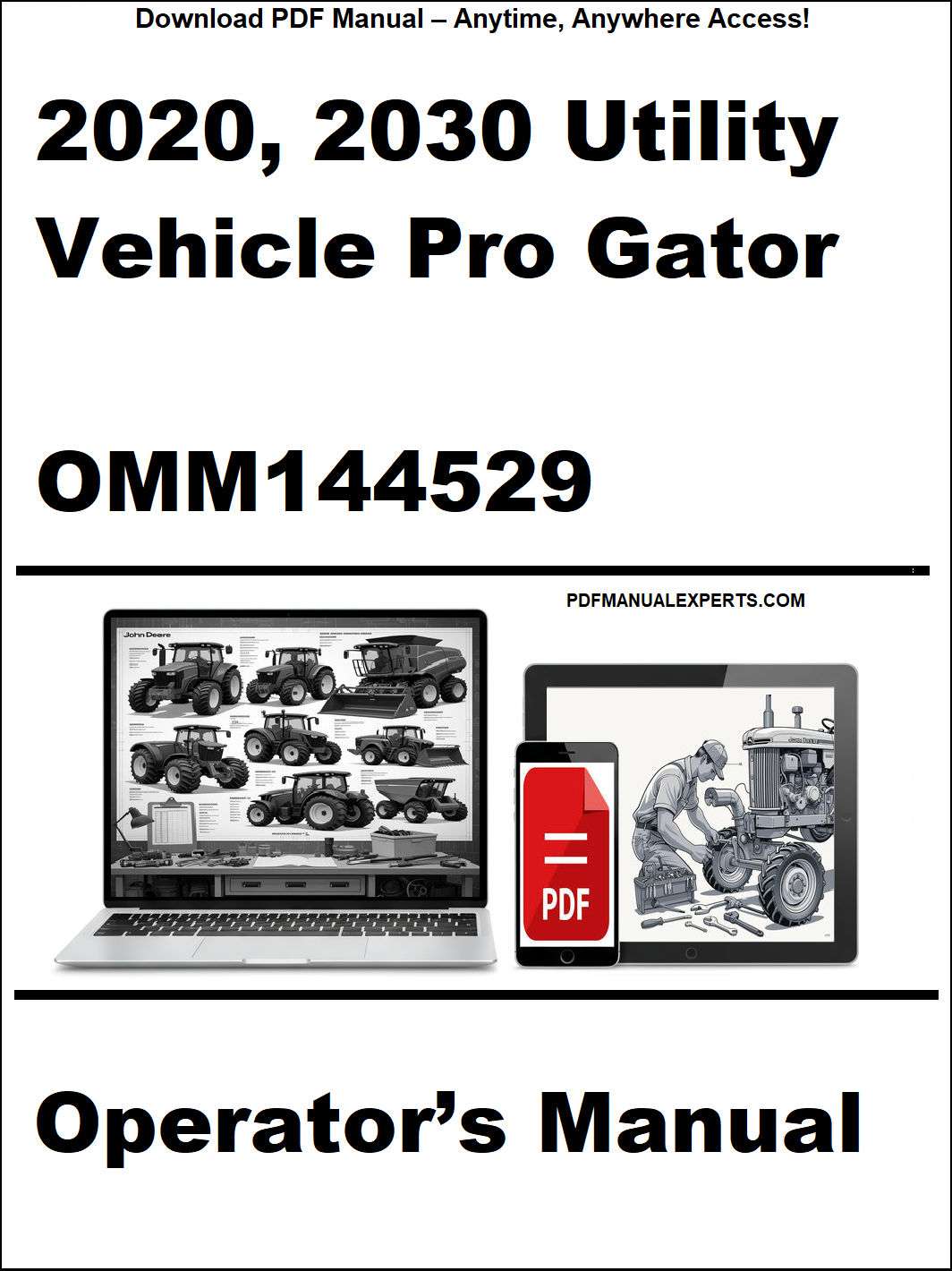 Cover of 2020, 2030 Utility Vehicle Pro Gator Operator's Manual with laptop and toolbox graphic.