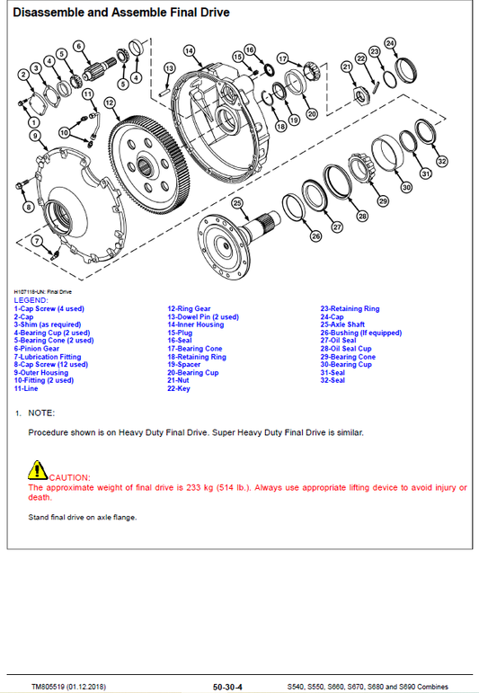 John Deere S540, S550, S660, S670, S680, S690 Combine Technical Service Repair Manual TM805519 PDF cover – detailed service instructions for harvesting equipment.