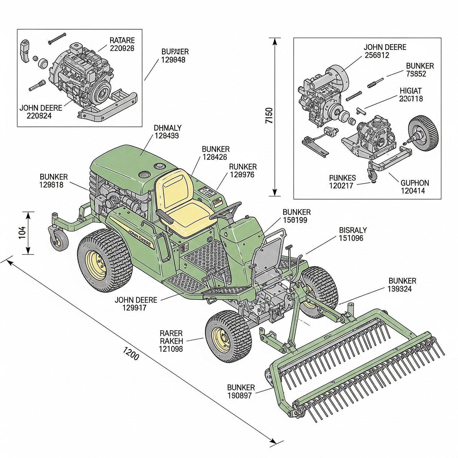 Agricultural equipment John Deere bunker rake designed for efficient soil grooming.