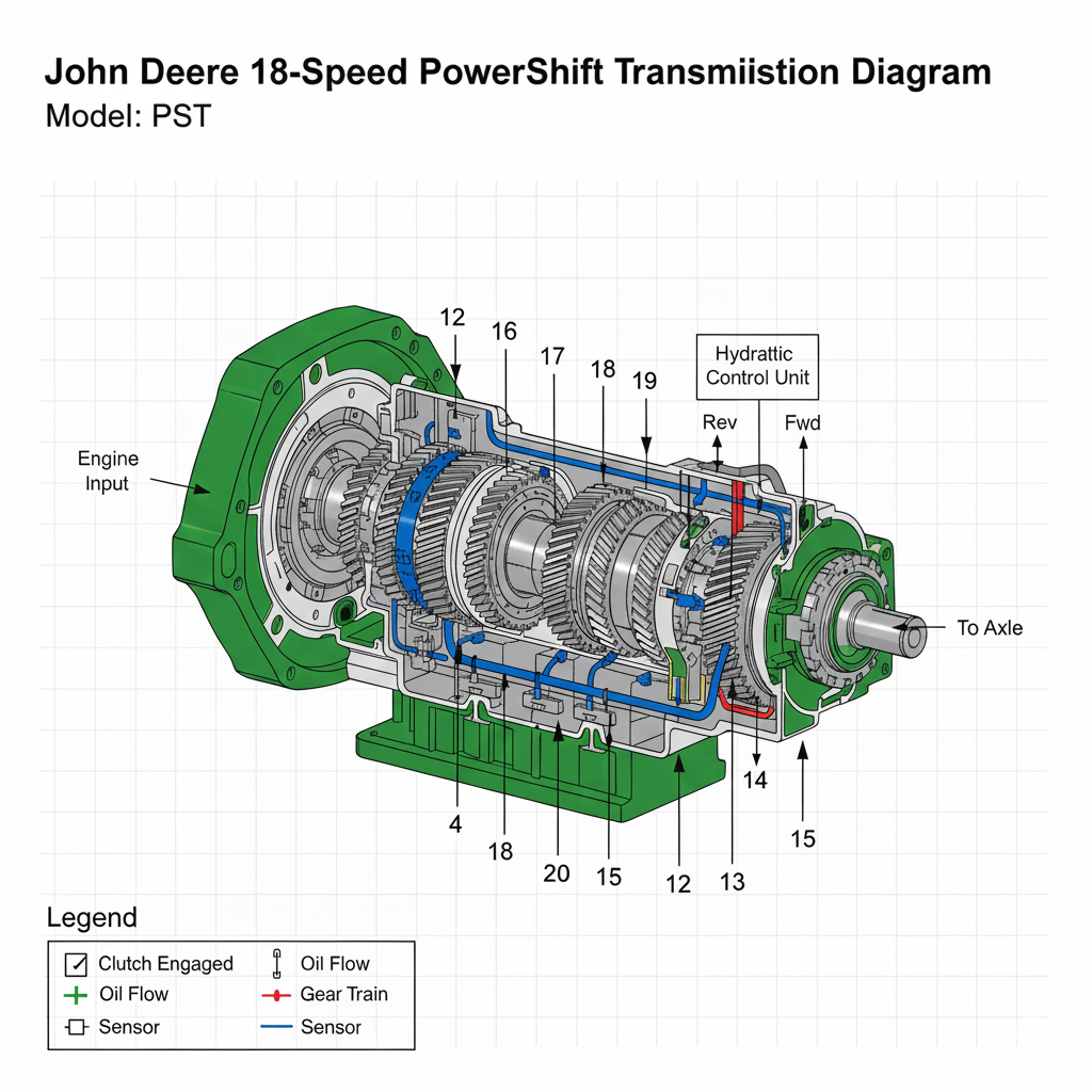 John Deere 18-Speed PST transmission system for service and repair