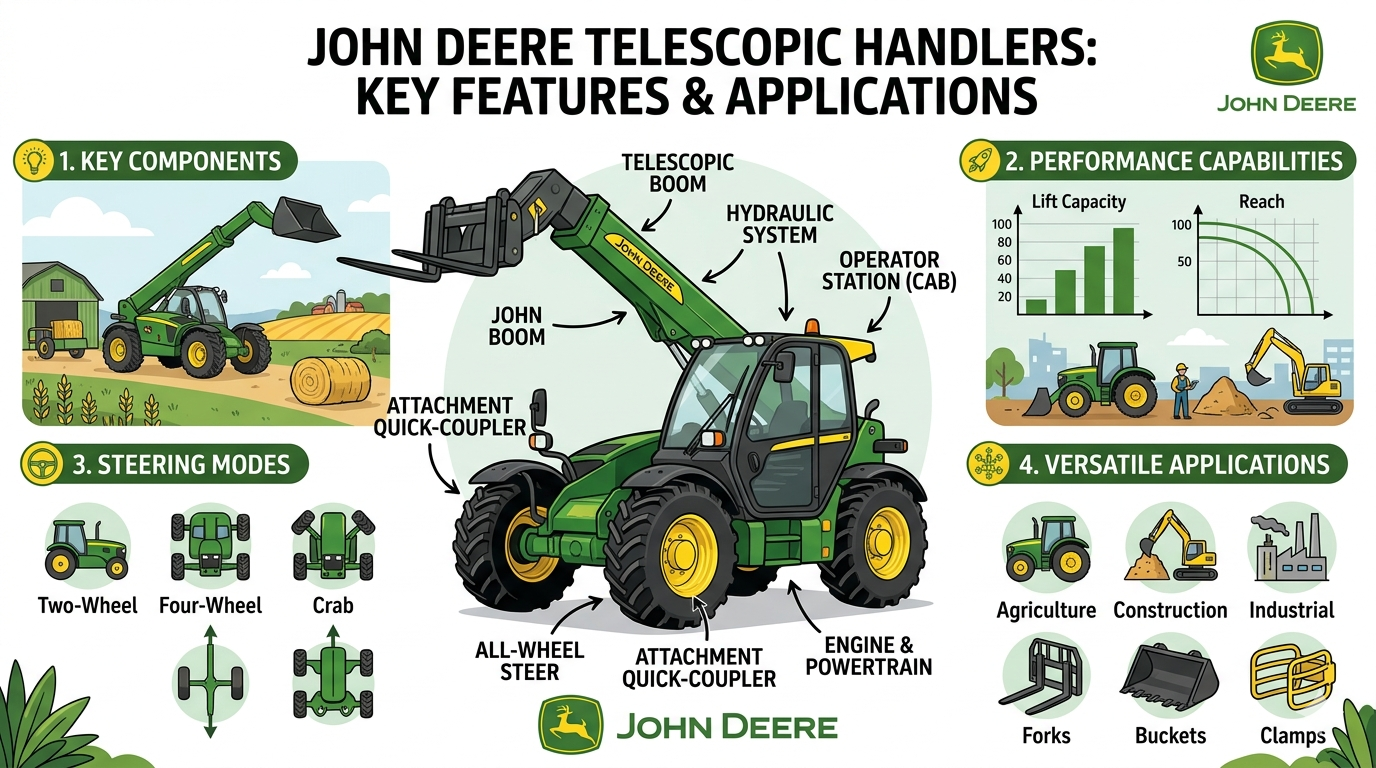 Diagram of John Deere telescopic handler showing boom, chassis, and hydraulic system layout
