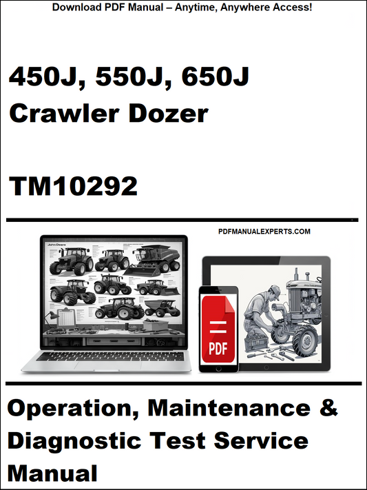 Manual cover for 450J, 550J, 650J Crawler Dozer TM10292 with laptop and toolbox graphics.