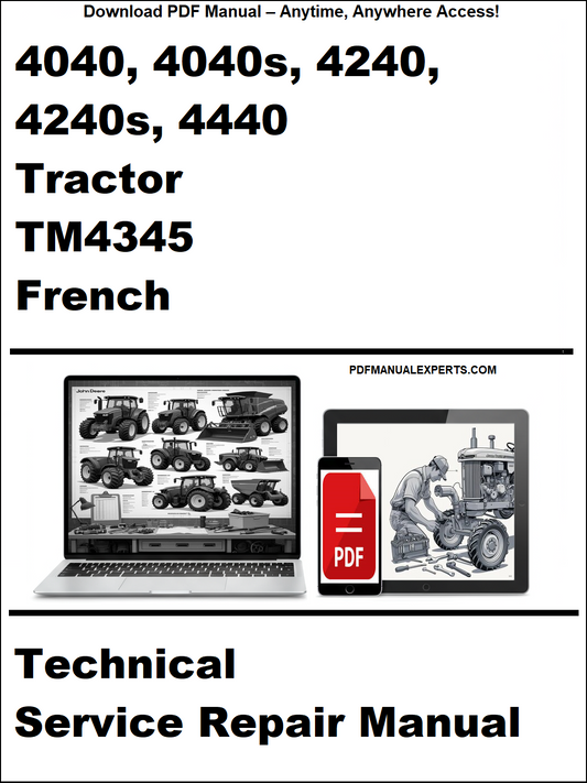 Advertisement for a technical service repair manual for tractors, featuring images of a laptop and tractor on a white background.