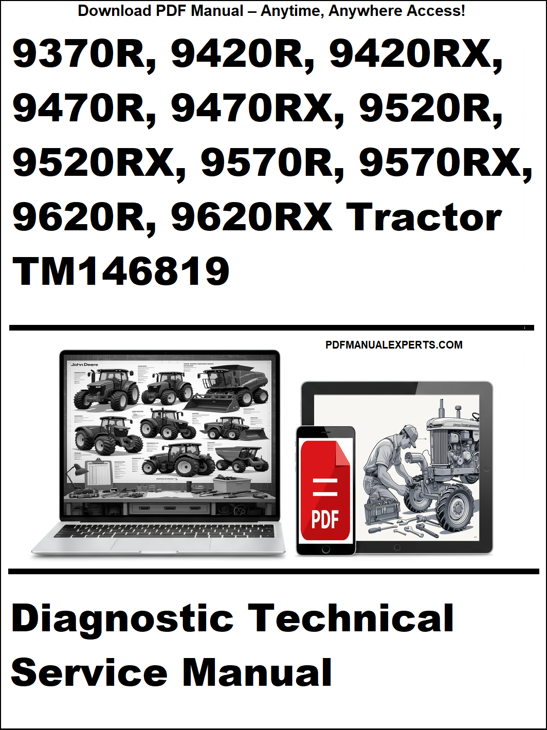 Cover of a diagnostic technical service manual for John Deere tractors with laptop and tractor illustrations.