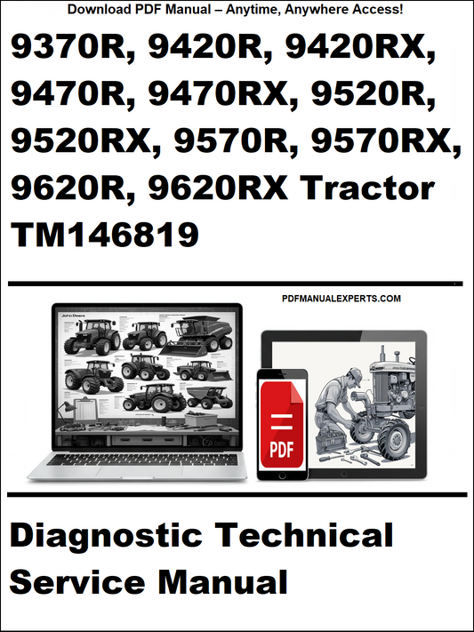 Cover of a diagnostic technical service manual for John Deere tractors with laptop and tractor illustrations.