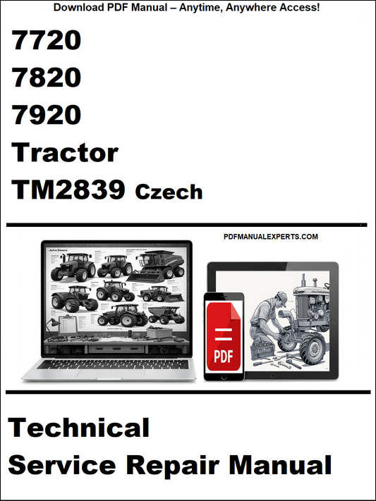 Technical service repair manual for 7720, 7820, 7920 Tractor TM2839 Czech on a white background.