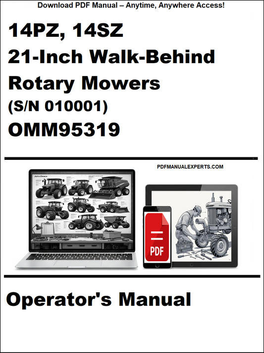 Operator's manual cover for 14PZ, 14SZ 21-Inch Walk-Behind Rotary Mowers with OMM95319 on a white background.