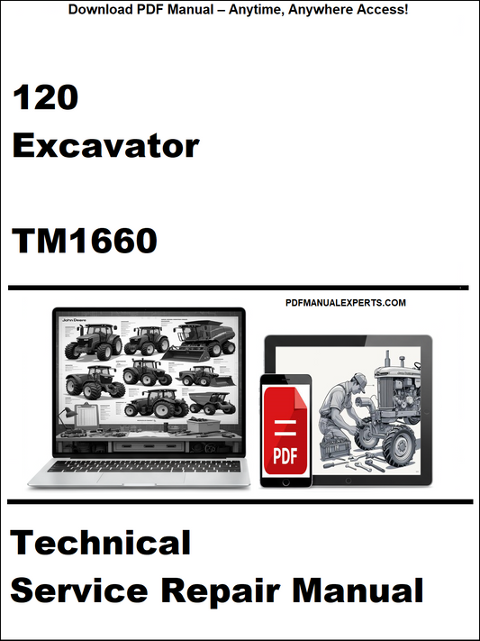 Advertisement for a technical service repair manual for an excavator, featuring a laptop and phone with icons.