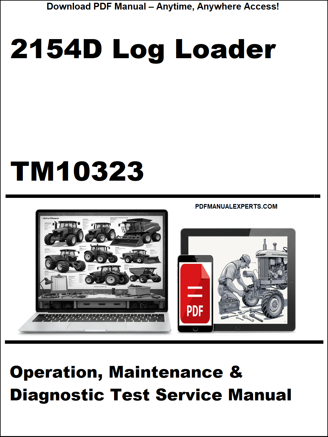 Manual cover for 2154D Log Loader TM10323 with laptop and toolbox graphic.