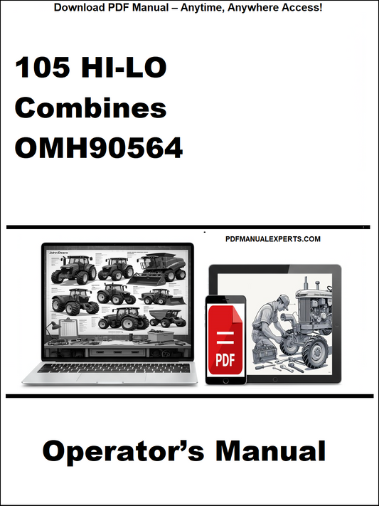 Operator's manual for 105 HI-LO Combines OMH90564 on a white background with a laptop and smartphone displaying the document.