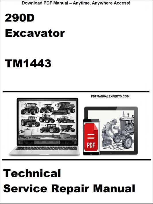 Technical service repair manual for 290D excavator with laptop and toolbox graphic on a white background.