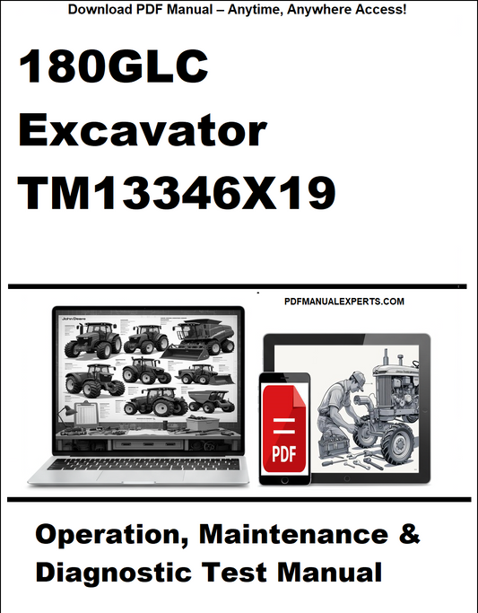 Cover of a manual for 180GLC Excavator TM13346X19 with laptop and tablet icons.