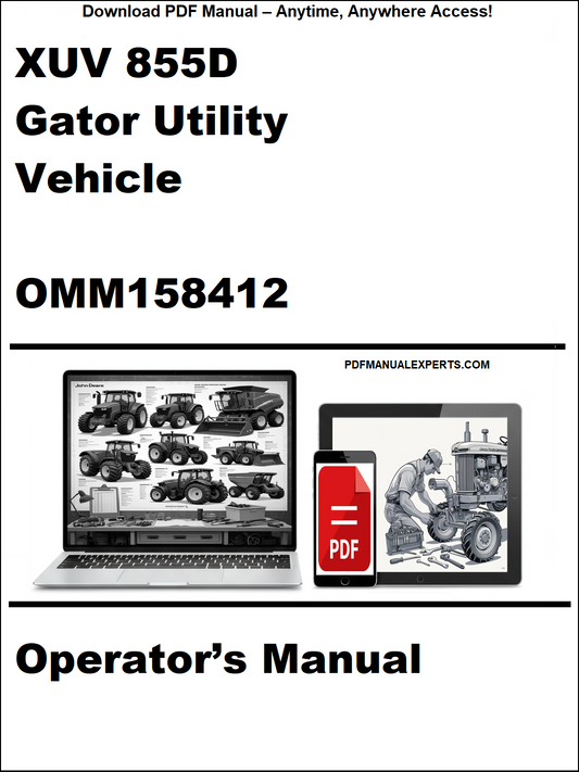 Cover of the Operator's Manual for XUV 855D Gator Utility Vehicle with a laptop and smartphone displaying the manual.