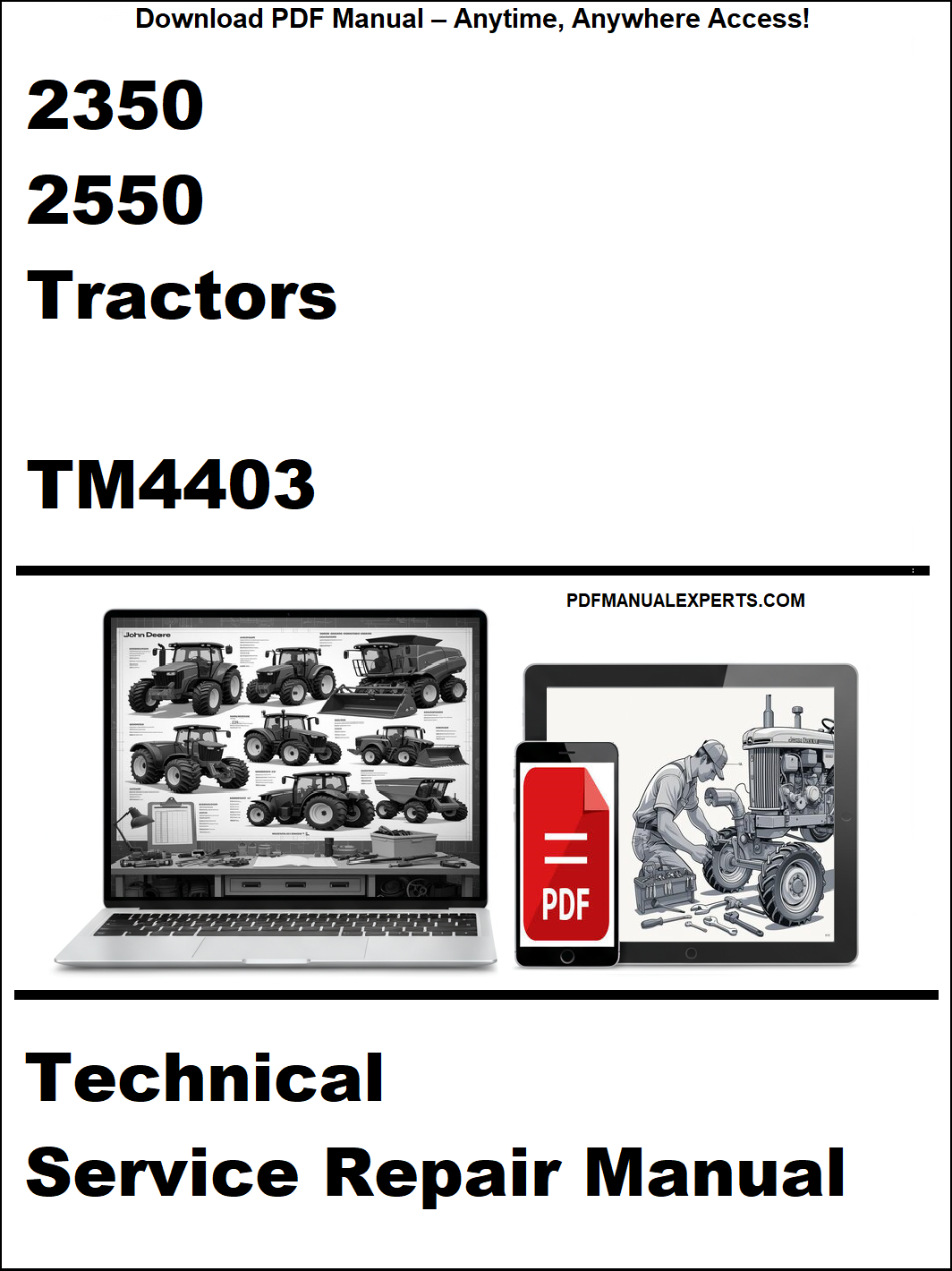 Technical service repair manual cover for 2350, 2550 tractors with a laptop and toolbox graphic.