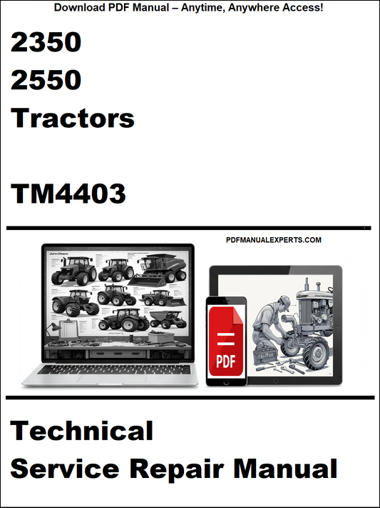 Technical service repair manual cover for 2350, 2550 tractors with a laptop and toolbox graphic.