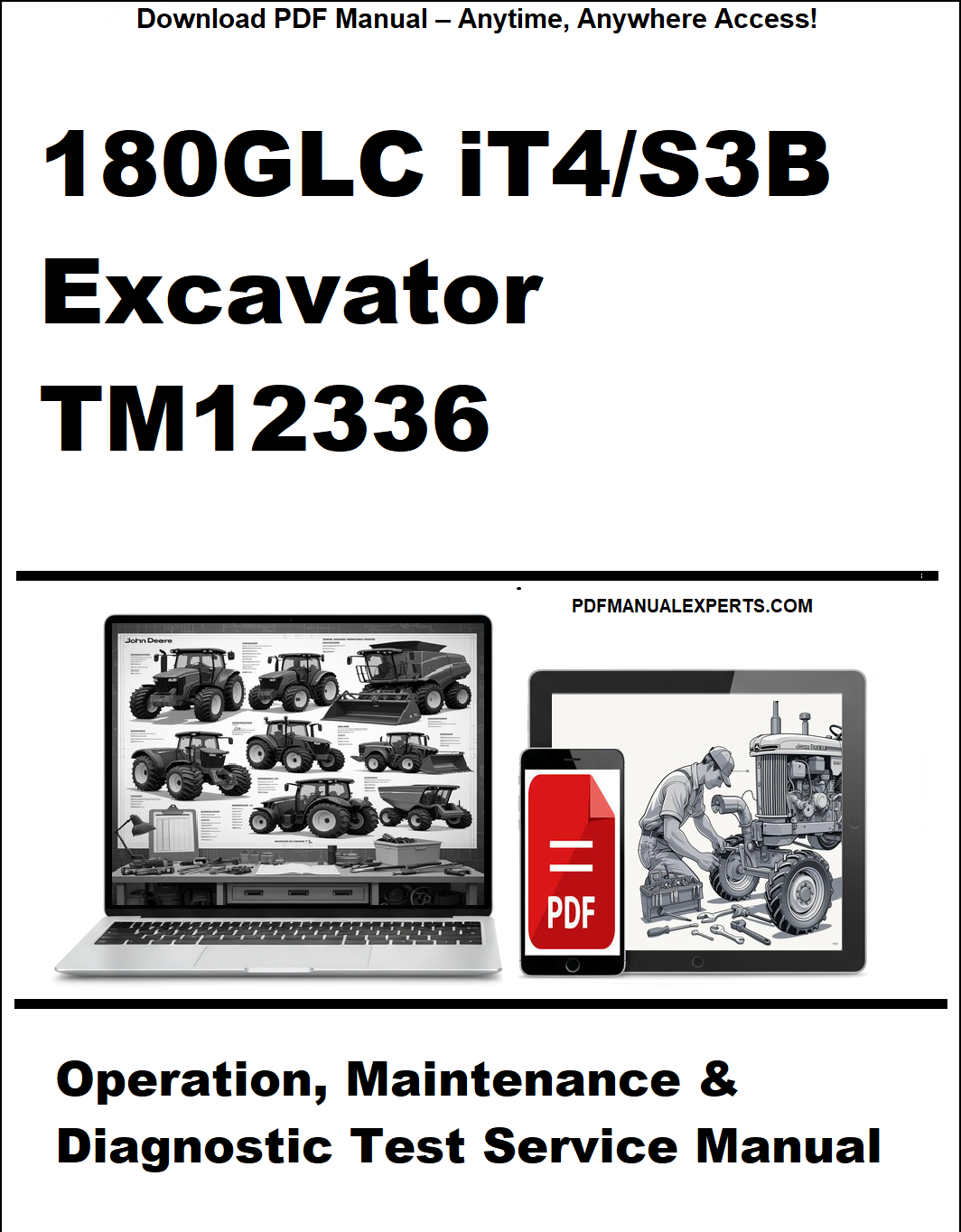 Manual cover for 180GLC iT4/S3B Excavator TM12336 with laptop and diagnostic tool icons.