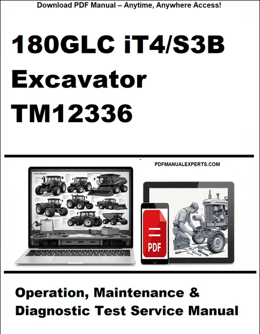 Manual cover for 180GLC iT4/S3B Excavator TM12336 with laptop and diagnostic tool icons.
