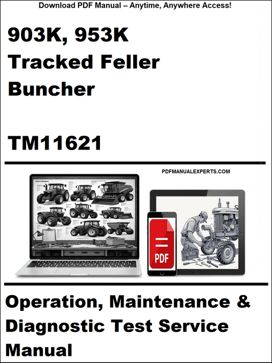 Manual cover for 903K, 953K Tracked Feller Buncher TM11621 with laptop and toolbox graphics.