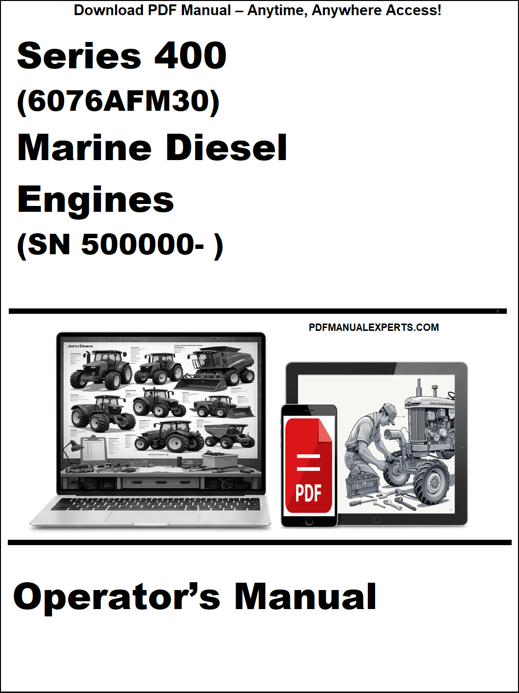 Operator's manual for Series 400 Marine Diesel Engines with a laptop and toolbox graphic on a white background.