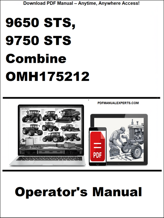 Operator's manual for 9650 STS, 9750 STS Combine OMH175212 on a white background with laptop and smartphone icons.